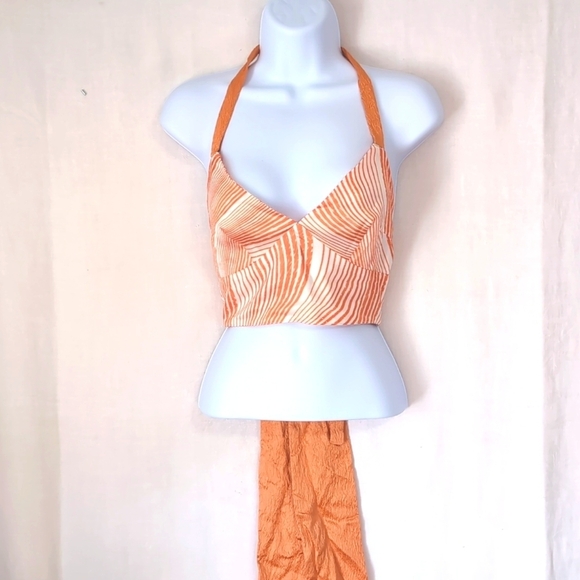 La Femme Tops - La Femme Apero Orange White Satin Tie Neck Back Top Size 4